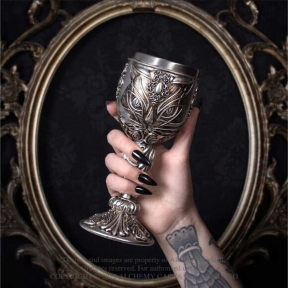Alchemy Gothic ✦ Sacred Cat Goblet ✦ Bastet Temple Chalice Stainless Insert NWT - Picture 1 of 6